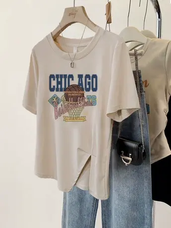 胖mm显瘦宽松T恤女设计感开叉下摆闺蜜装国潮ins不规则短袖上衣夏商品大图