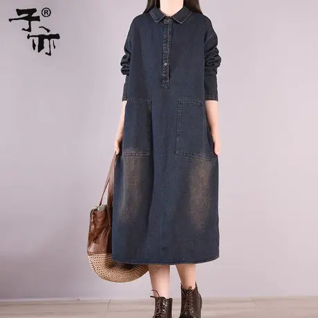 子亦春季新品韩版宽松长袖口袋做旧polo领牛仔连衣裙女图片