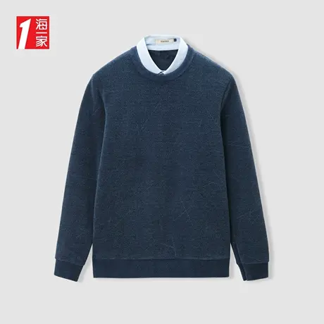 海一家简约花纹毛衣2023冬季新款保暖加绒舒适男士双领针织衫商品大图