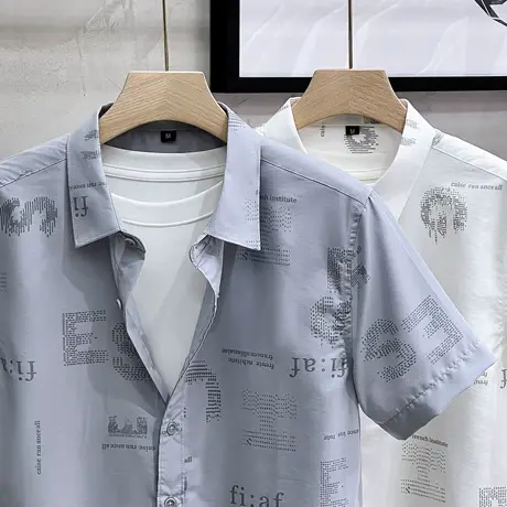 男士衬衫短袖冰丝薄款修身轻奢高级感休闲衬衫男夏季2023新款潮流商品大图