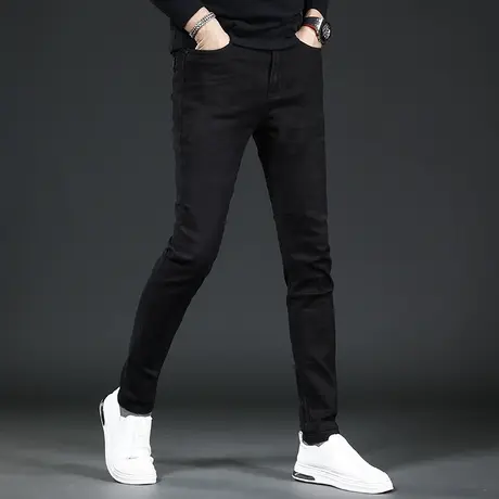 香港高端纯黑色牛仔裤男款修身小脚裤秋冬款弹力百搭潮流休闲男裤图片