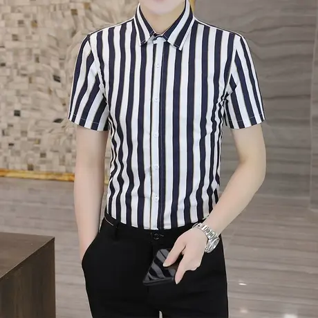 短袖条纹衬衫男2022夏季薄款商务休闲青年男士潮流新款百搭衬衣男图片