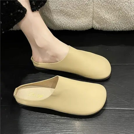 英伦风复古软皮一脚蹬包头半拖鞋女外穿软皮奶奶鞋2024年新款凉拖商品大图