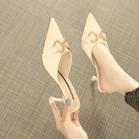 2021年夏季新款尖头细跟半拖鞋女包头外穿时尚懒人水钻高跟凉拖鞋商品大图