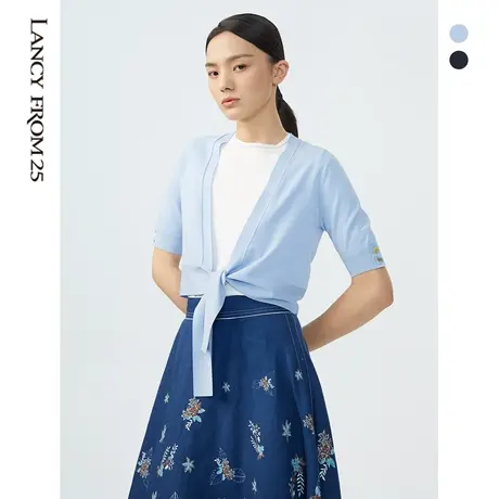 朗姿[蓝釉记忆]半袖针织开衫夏日新款温柔气质蝴蝶结外套女奥莱图片