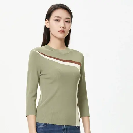 设计感拼色圆领法式七分袖修身套头女士打底针织衫朗姿集团奥莱商品大图