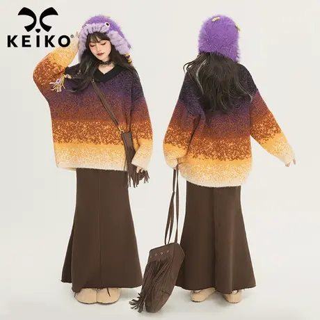 KEIKO 落日橘绒感毛衣女冬季别致绝美渐变色宽松慵懒V领针织毛衫商品大图