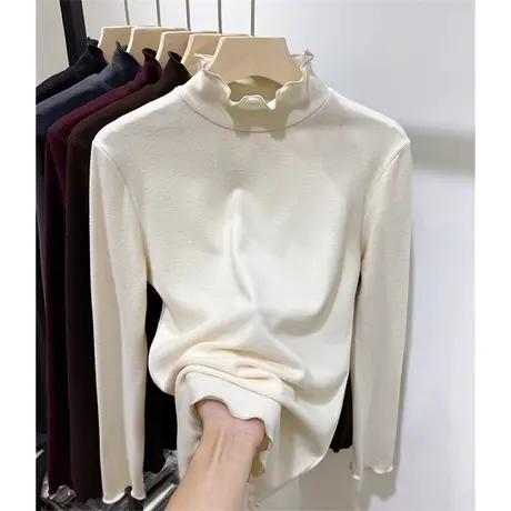 木耳边长袖T恤女冬季修身显瘦德绒保暖打底衫内搭半高领上衣洋气图片