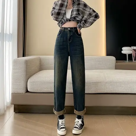 怀旧水泥黄哈伦牛仔裤女春秋季新款高腰宽松休闲显瘦萝卜老爹裤子图片