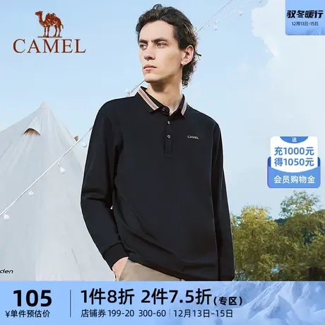 骆驼男装Polo衫长袖2023春季宽松翻领打底时尚休闲黑色商务上衣商品大图