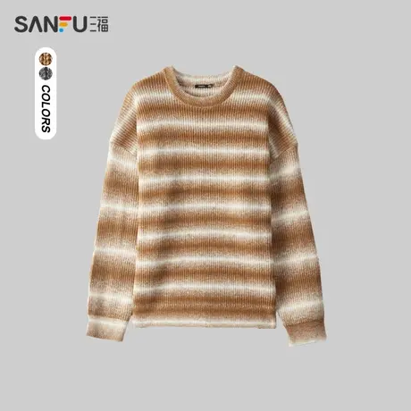 三福2024春季男士渐变条纹毛衣 复古潮流慵懒圆领上衣男481068图片
