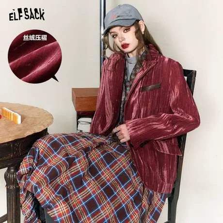 妖精的口袋红色复古西装女2024早春新款丝绒气质时髦高级感小西服图片
