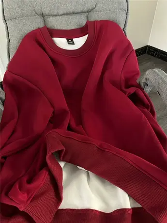 酒红色圆领卫衣女秋冬2023新款加绒加厚oversize宽松美式重磅外套商品大图