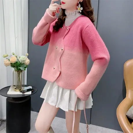 小香风渐变粉色针织开衫女早春2024年新款宽松小个子百搭毛衣外套图片