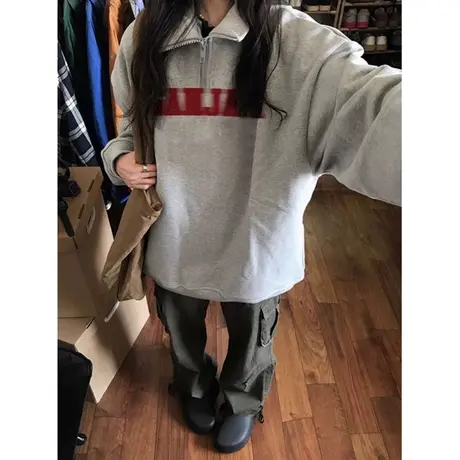 ins超火半拉链卫衣女春秋冬季加绒加厚银狐绒宽松POLO领上衣外套商品大图