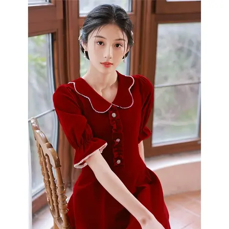 订婚礼服红色连衣裙平时可穿敬酒服新娘小个子娃娃领回门便装夏季图片