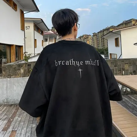 麂皮绒短袖t恤男夏季复古字母刺绣半袖2023新款美式高街潮牌上衣商品大图