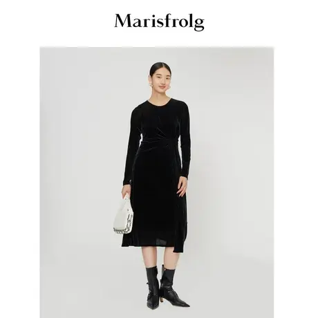 Marisfrolg/玛丝菲尔丝绒连衣裙冬新款黑色长袖宽松礼服裙子图片