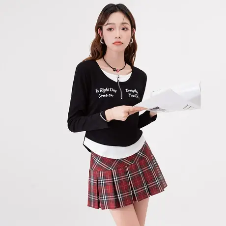 othermix假两件拼接长袖T恤女2024春季新款字母休闲打底衫上衣短图片