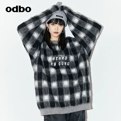 odbo 情侣款格纹海马毛针织衫女秋冬2022新款套头圆领上衣男潮牌图片