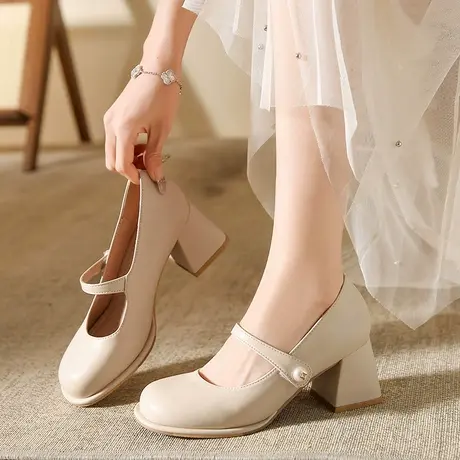法式玛丽珍女鞋2024年新款复古小皮鞋粗跟单鞋温柔晚晚白色高跟鞋商品大图