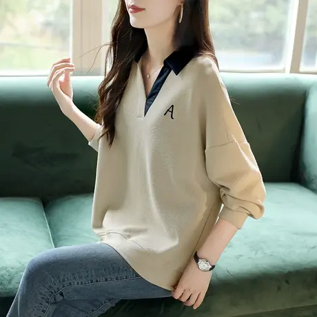 宝诗黎V领字母落肩刺绣卫衣女棉质宽松长袖2024新款休闲简约春装图片