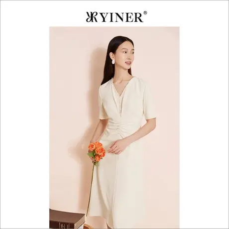YINER音儿女装夏季法式优雅钉钻V领收腰收褶连衣裙商品大图