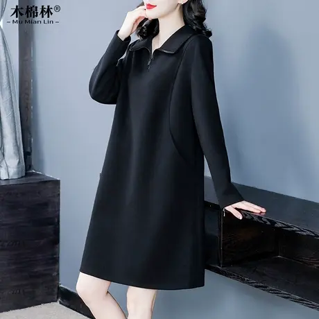 微胖mm休闲百搭连衣裙 200斤加肥加大遮肉显瘦妈妈翻领减龄小黑裙商品大图