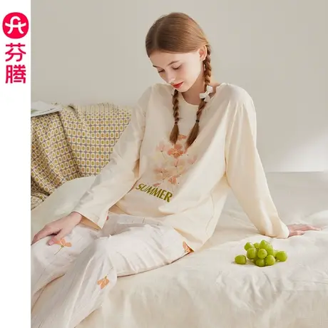 芬腾睡衣女春季纯棉长袖圆领套装女士新款春秋宽松休闲大码家居服图片