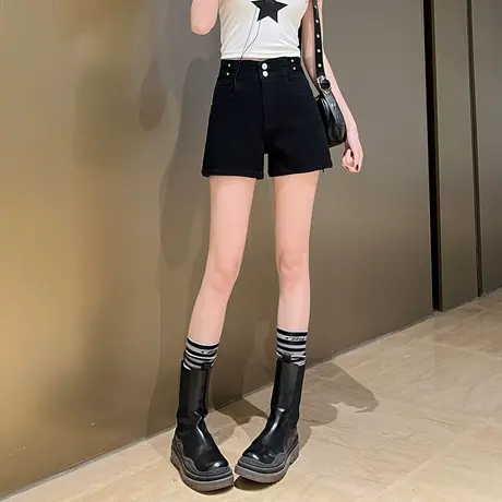 唐狮24春季新款女牛仔短裤高腰显瘦潮酷个性辣妹黑色裤子图片