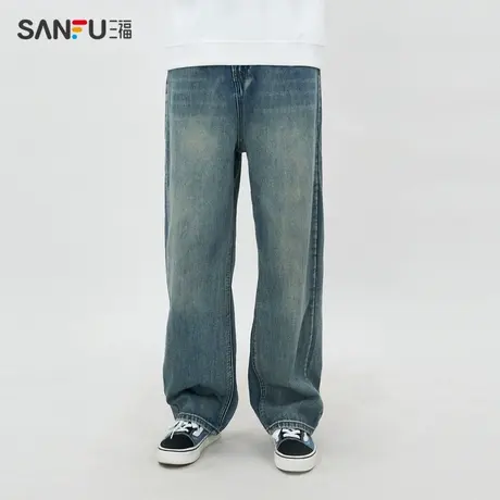 三福2024春季男士宽松直筒牛仔裤 时尚潮流橡筋腰长裤男484541商品大图