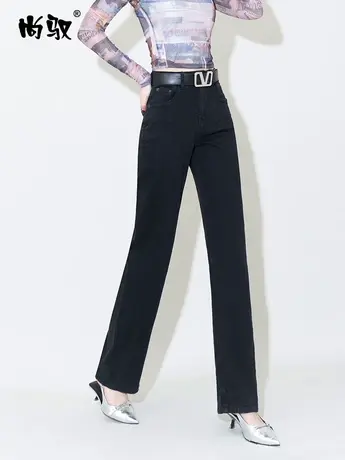 尚驭黑色弹力高腰牛仔直筒裤2024年春季新款拖地裤遮肉显瘦女裤子图片