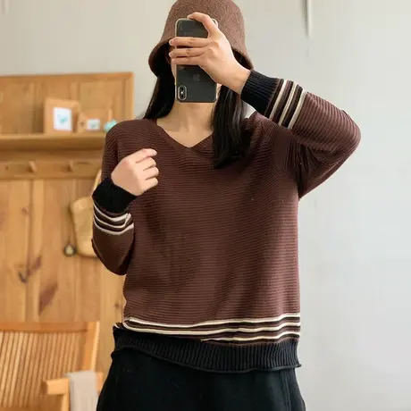 dza复古拼接宽松V领棉线针织衫女春新款内搭打底衫休闲毛短款上衣图片