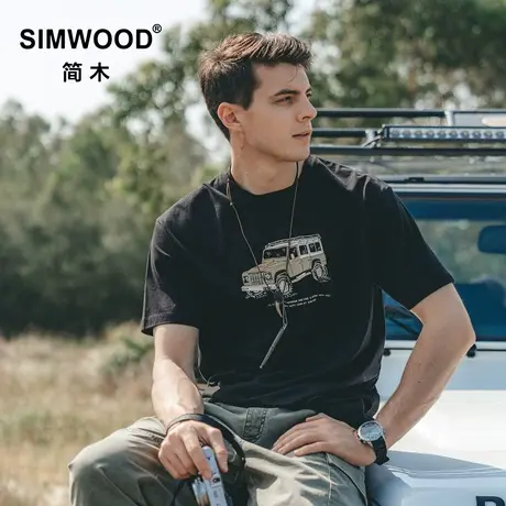 Simwood简木男装【宽松版型】新款265g重磅Jeep车印花圆领短袖T恤图片