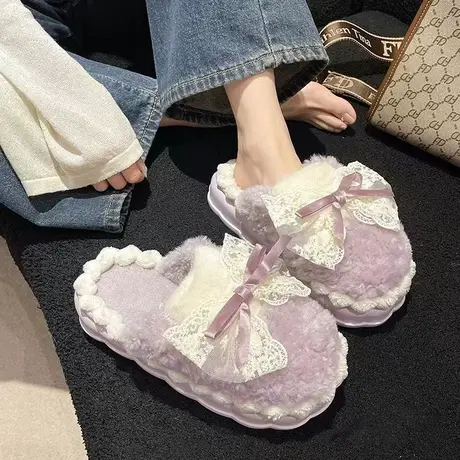 包头毛毛拖鞋女秋冬外穿ins网红爆款厚底踩屎感家用毛绒棉拖鞋女商品大图