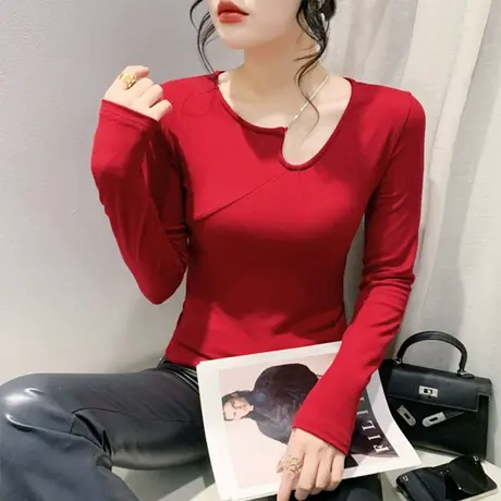 欧货女装性感链条镂空不规则T恤小心机露锁骨上衣修身长袖打底衫商品大图