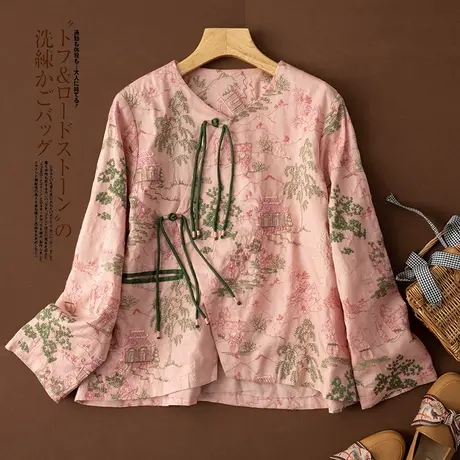 享永子【竹林小屋】100%苎麻重工刺绣新中式盘扣斜襟衬衫茶服女图片