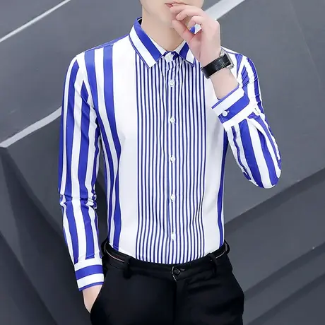 衬衣男春季韩版潮流帅气时尚男装长袖衬衫潮牌ins秋装条纹上衣服商品大图