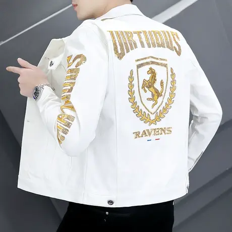 牛仔外套男春秋季刺绣夹克2023新款牛仔衣服网红帅气潮牌纯棉褂子商品大图