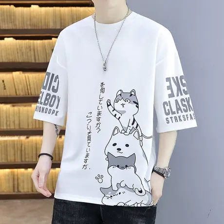 短袖t恤男士夏季港风2023新款冰丝潮牌五分半截袖夏天青少年衣服商品大图