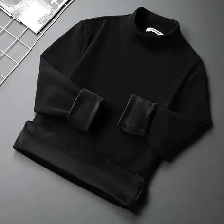 长袖t恤男半高领秋冬保暖加绒加厚内搭打底衫中领纯色黑色秋衣服商品大图