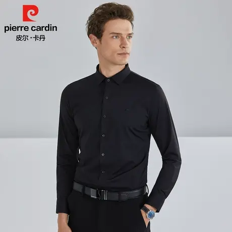 皮尔卡丹2023新款春秋黑衬衫男士商务休闲黑色衬衣弹力免烫正装图片