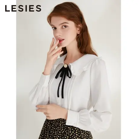 蓝色倾情春夏季女装新款 白色翻领百搭塔克线淑女OL领结衬衫上衣图片