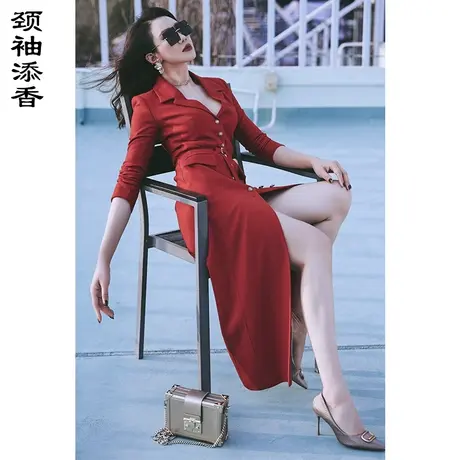 颈袖添香红色风衣女单排扣中长款修身收腰羊毛正装职业通勤呢外套商品大图