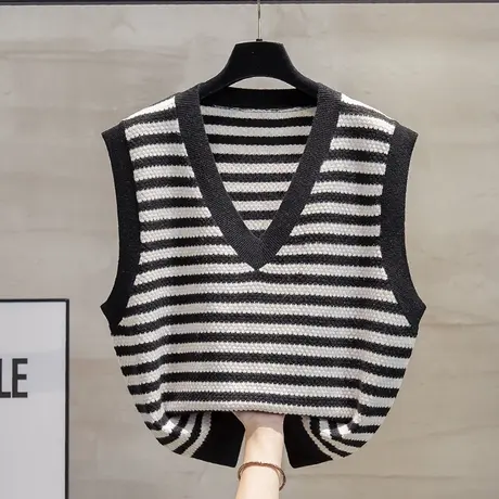 条纹v领针织马甲背心女2023秋装新款宽松外穿马夹外搭毛衣坎肩潮商品大图