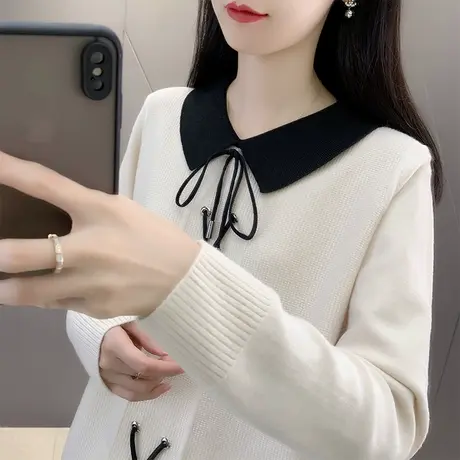 娃娃领毛衣女套头2023春秋新款宽松系带针织衫内搭打底衫厚上衣潮商品大图