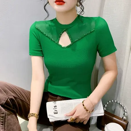 时尚钉珠T恤女短袖2023夏新款性感镂空心机小衫修身百搭网纱上衣商品大图