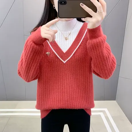 冬季2023年新款假两件水貂加绒雪尼尔女士毛衣内搭半高领打底衫女图片