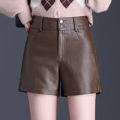 卡其色皮短裤女2023秋冬新款pu皮通勤百搭阔腿裤高腰显瘦外穿靴裤商品大图