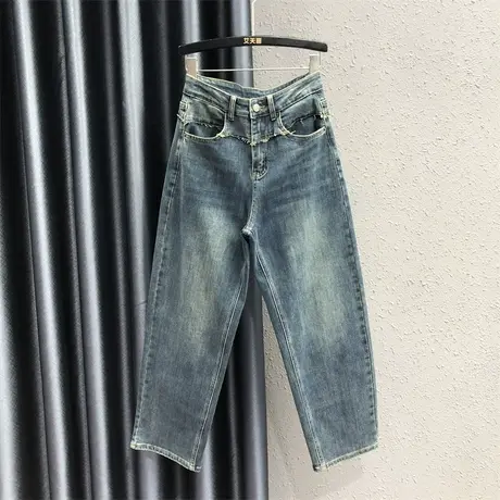 欧货2023秋季新款牛仔老爹裤拼接设计高腰宽松哈伦裤阔腿萝卜裤女商品大图